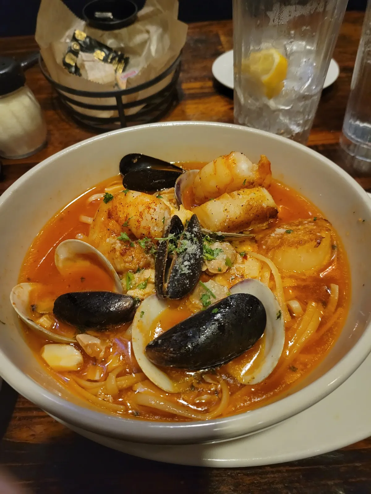 Seafood cioppino with mussels, clams and shrimp